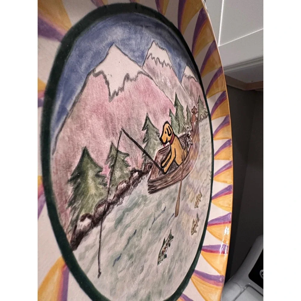 Hand Painted Fishing Dogs Decorative Ceramic Platter Trout Cabin Western‎ Plate